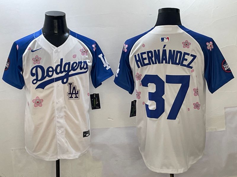 Men Los Angeles Dodgers #37 Hernandez White Blue Sakura Edition 2025 Nike MLB Jersey style 9